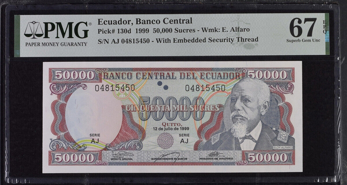 Ecuador 50000 Sucres 1999 P 130 d Superb Gem UNC PMG 67 EPQ