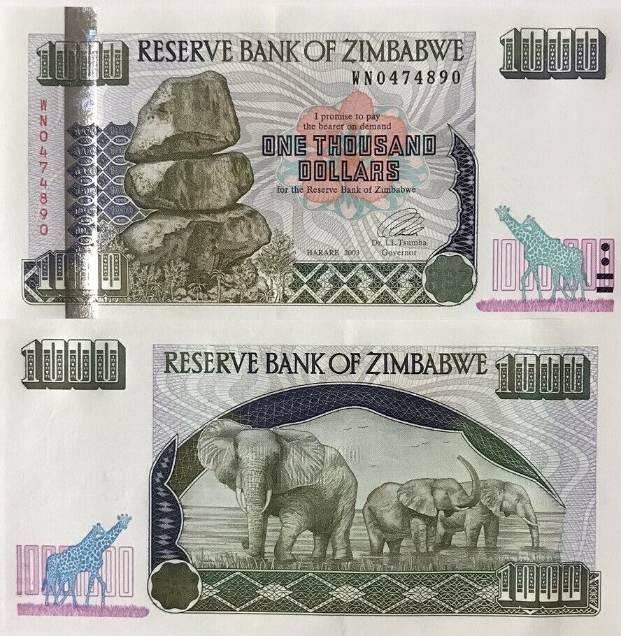 Zimbabwe 1000 Dollars 2003 P 12 b Small Digits UNC