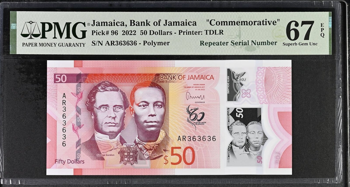 Jamaica 50 Dollars 2022 P 96 Comm. REPEATER 363636 Superb Gem UNC PMG 67 EPQ