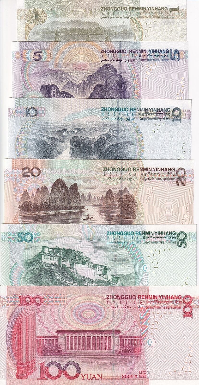 China Set 6 UNC 1 5 10 20 50 100 Yuan 1999-2005 P 895 903