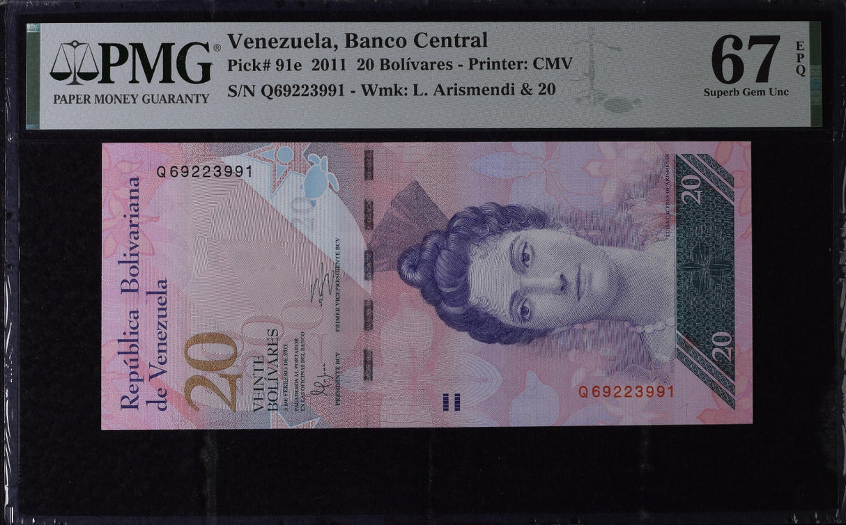 Venezuela 20 Bolivares 2011 P 91 e Superb Gem UNC PMG 67 EPQ