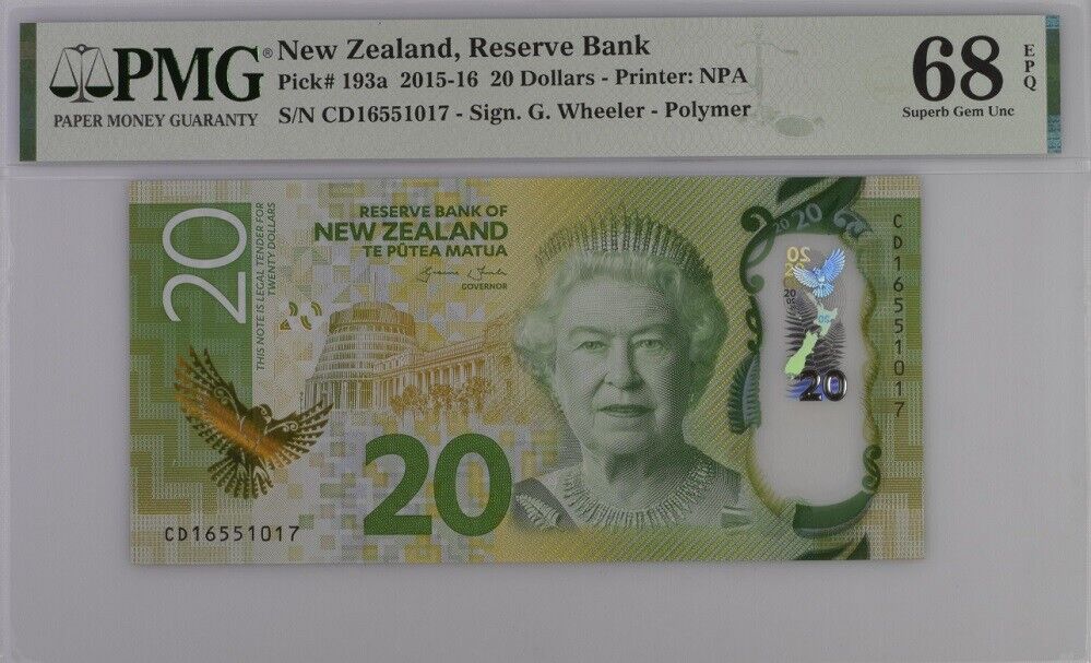 New Zealand 20 Dollars 2015/2016 Polymer P 193 a Superb GEM PMG 68 EPQ