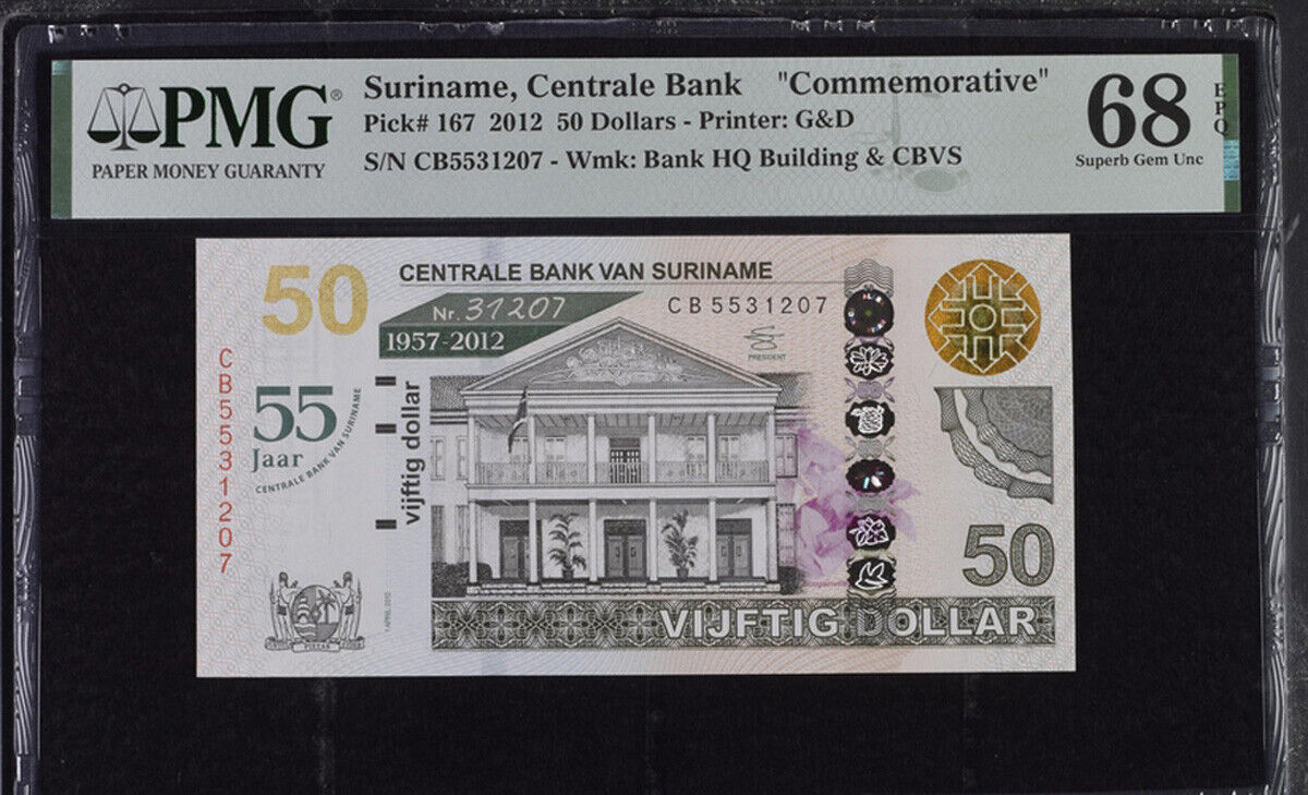 Suriname 50 Dollars 2012 P 167 Comm. Superb Gem UNC PMG 68 EPQ