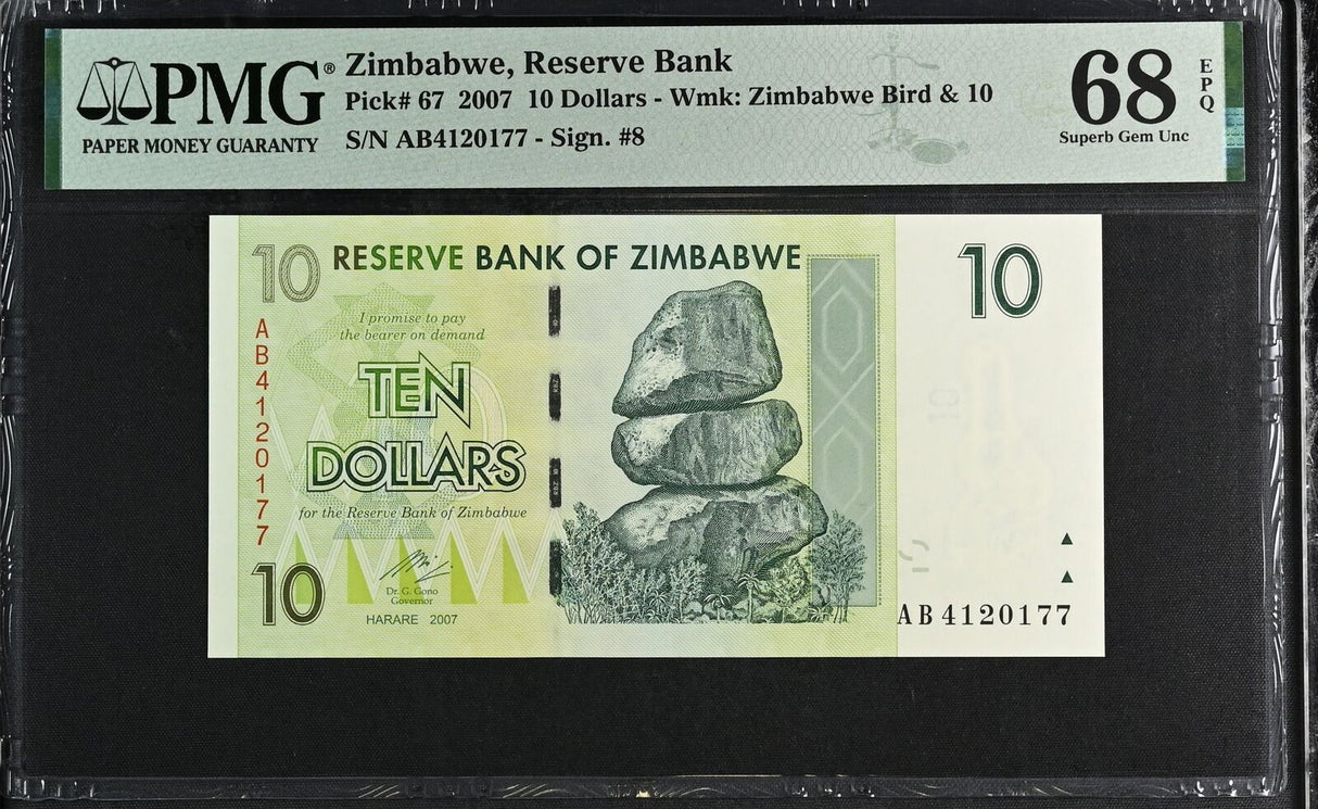 Zimbabwe 10 Dollars 2007 P 67 Superb Gem UNC PMG 68 EPQ