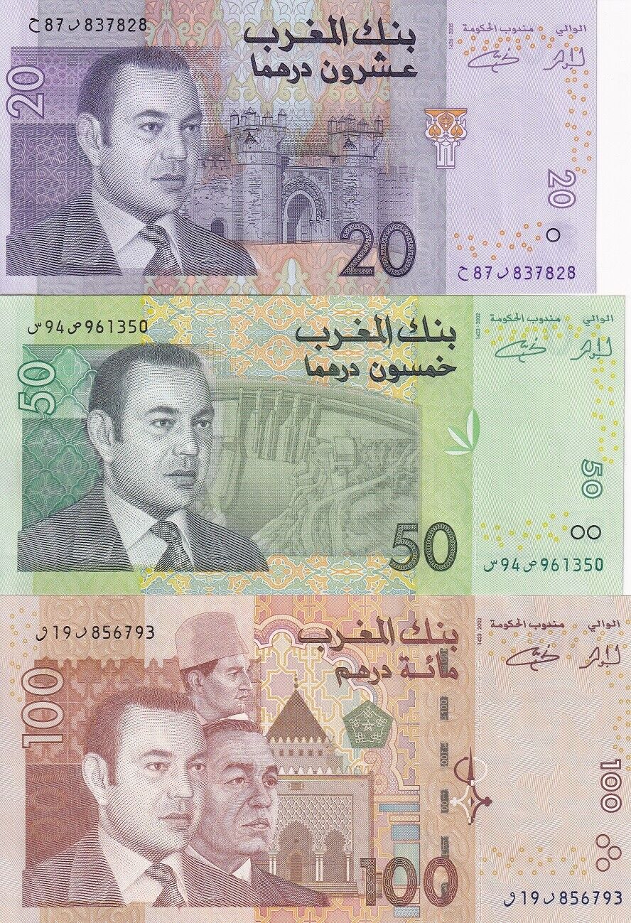 Morocco Set 3 PCS 20 50 100 Dirhams 2002-2005 P 68 P 69 P 70 UNC
