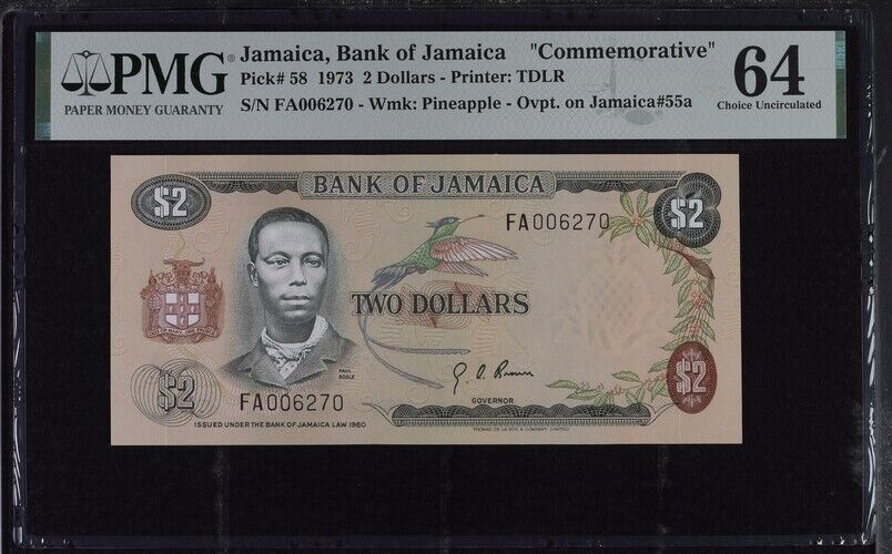 Jamaica 2 Dollar 1973 P 58 Comm. Choice UNC PMG 64 EPQ