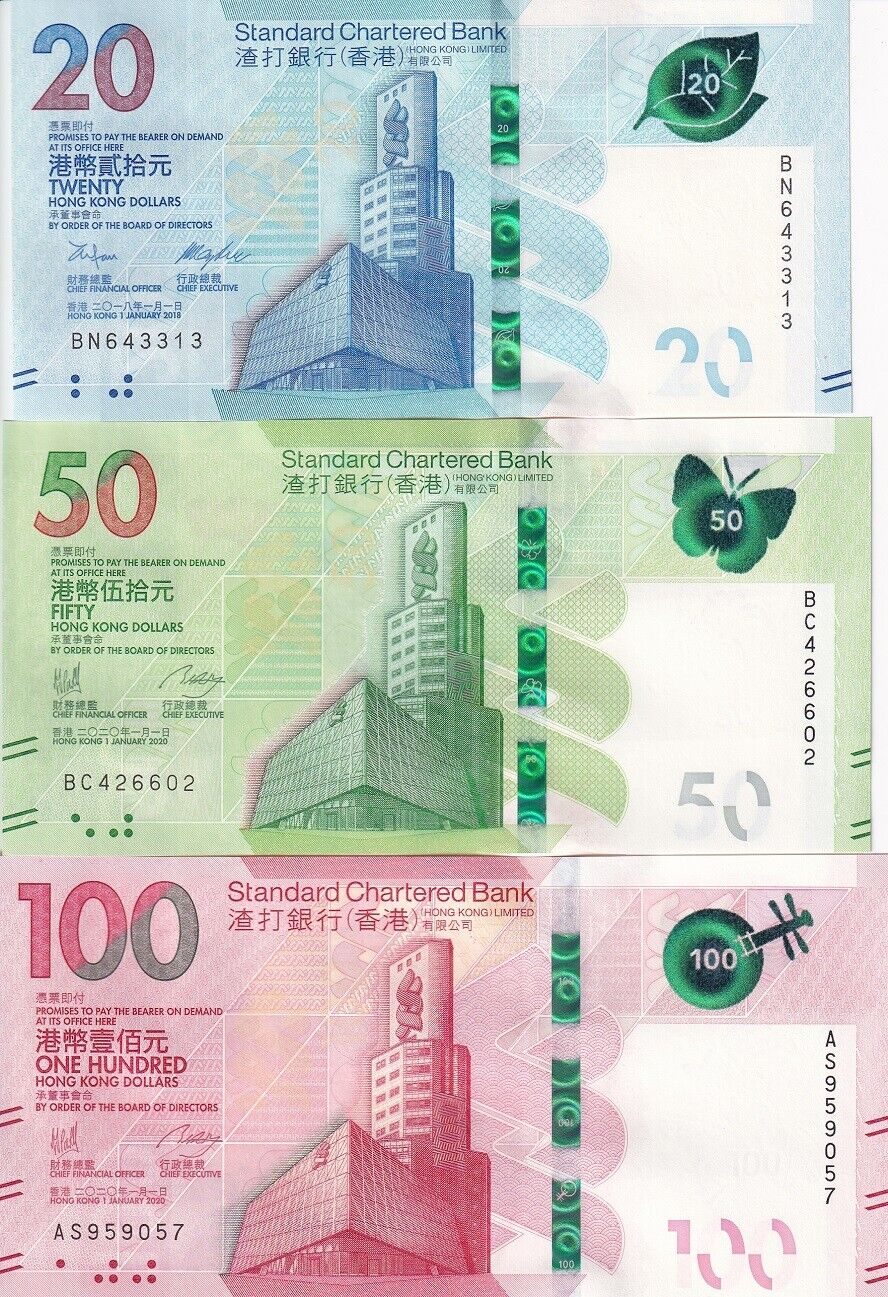 Hong Kong Set 3 Pcs 20 50 100 Dollars Mixed Years SCB P 302 303 304 UNC