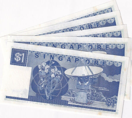 Singapore 1 Dollar 1987 P 18 UNC LOT 5 PCS Yellow Foxing