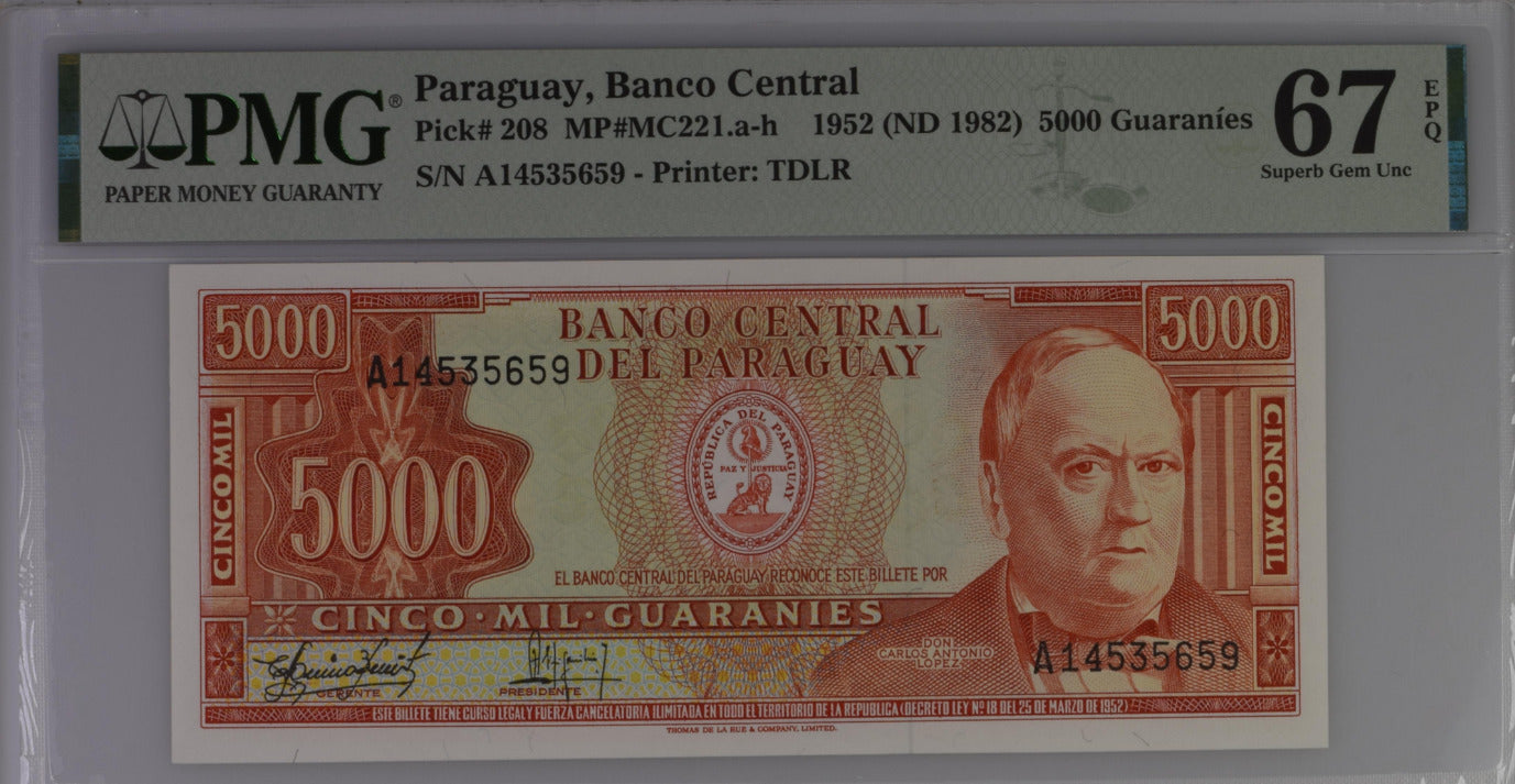 Paraguay 5000 Guaranies 1982 P 208 Superb Gem UNC PMG 67 EPQ – Noteshobby