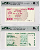 Zimbabwe Set 5; 750K 1-500 Mill 25 Bill 2008 P 52-P 62 Superb Gem UNC PMG 67 EPQ