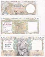 Greece Set 3 PCS 50 100 1000 Drachmai 1935 P 104 P 105 P 106 UNC