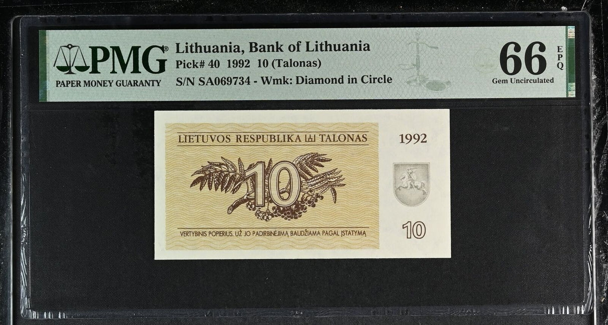 Lithuania 10 Talonas 1992 P 40 Gem UNC PMG 66 EPQ