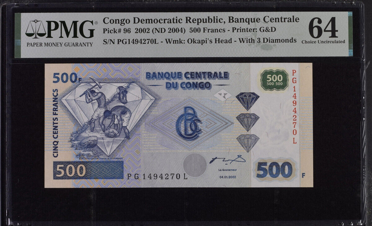 Congo 500 Francs 2002 ND 2004 P 96 Choice UNC PMG 64