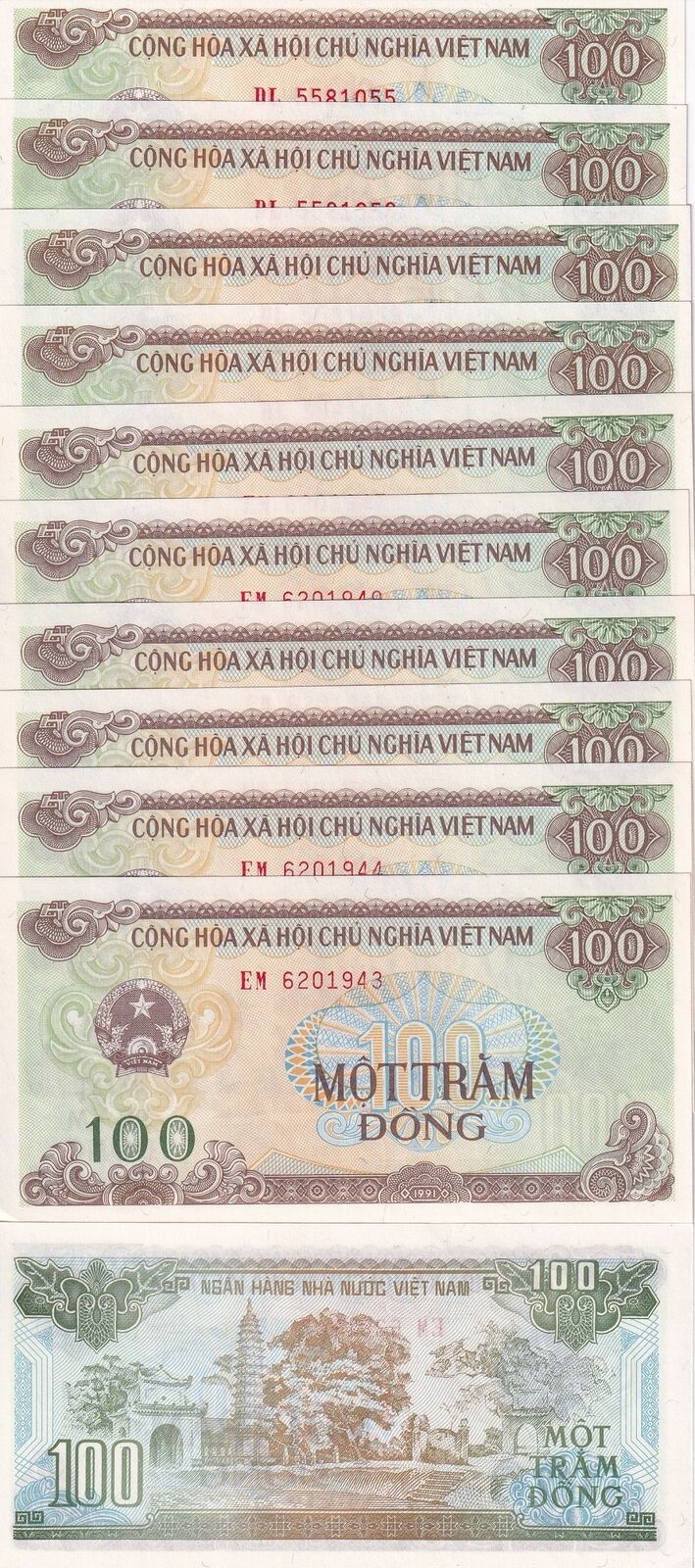 Vietnam 100 Dong 1991 P 105 AUnc LOT 10 PCS