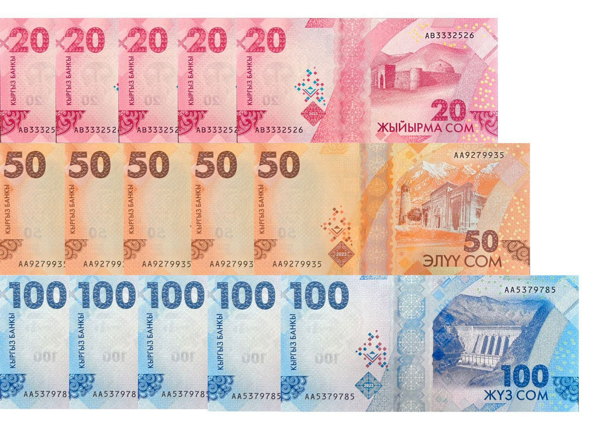 Kyrgyzstan Set 3 UNC 20 50 100 Som 2023/2024 P NEW DESIGN LOT 5 SETS 15 Pcs