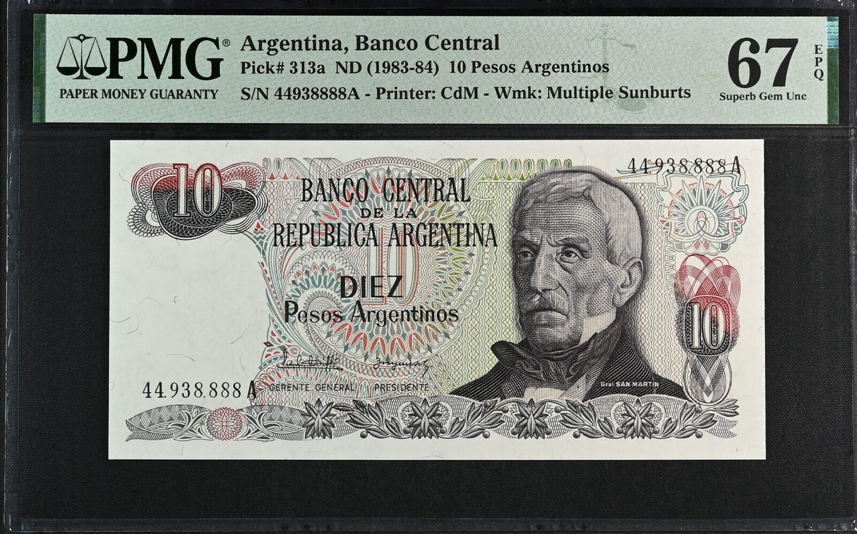Argentina 10 Pesos ND 1983-1984 P 313 a 4493-8888 Superb Gem UNC PMG 67 EPQ