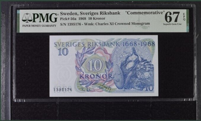 Sweden 10 Kronor 1968 P 56 a Superb Gem UNC PMG 67 EPQ