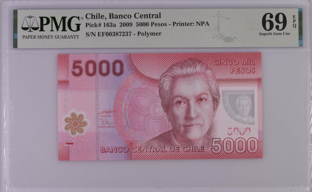 Chile 5000 Pesos 2009 P 163 a Polymer Superb Gem UNC PMG 69 EPQ Top Pop