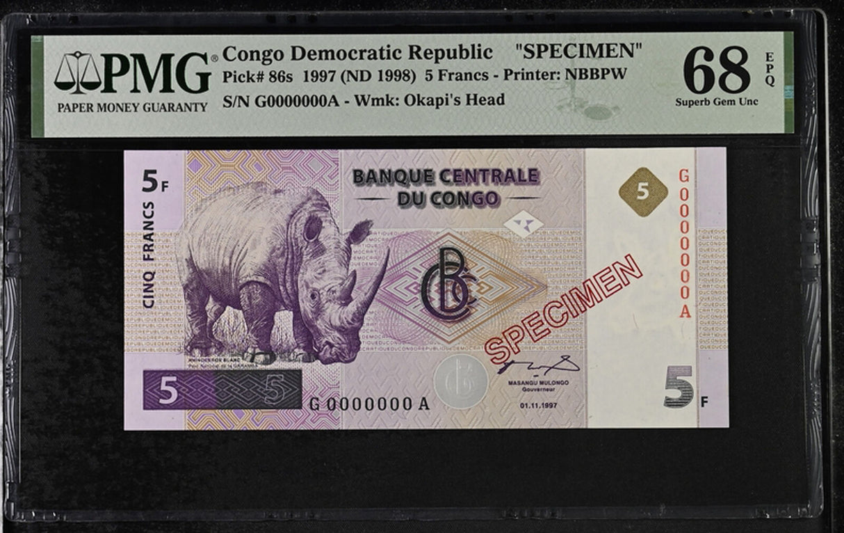 Congo 5 Francs 1997 ND 1998 P 86 s SPECIMEN Superb Gem UNC PMG 68 EPQ TOP POP