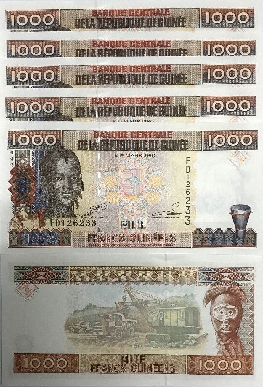 Guinea 1000 Francs 1998 P 37 UNC LOT 5 PCS