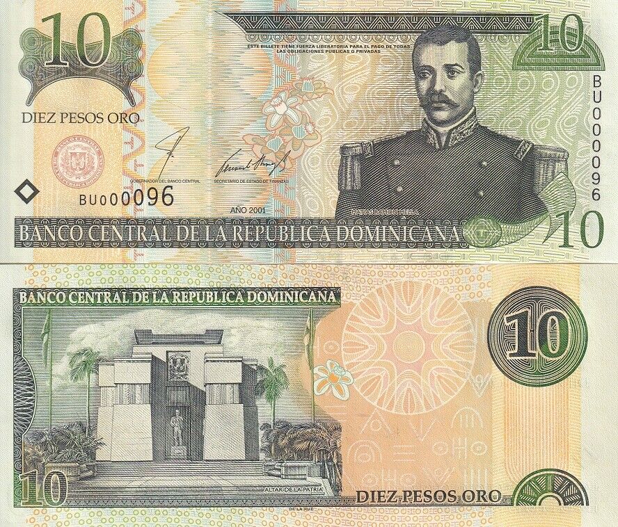 Dominican Republic 10 Pesos 2001 Low serial # 2 Digit P 168 a UNC