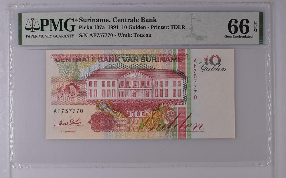 Suriname 10 Gulden 1996 P 137 a Gem UNC PMG 66 EPQ Wrong Label