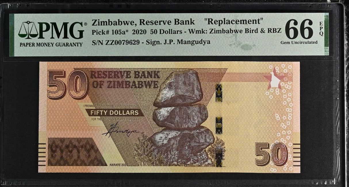 Zimbabwe 50 Dollars 2020 P 105 a* Replacement Gem UNC PMG 66 EPQ
