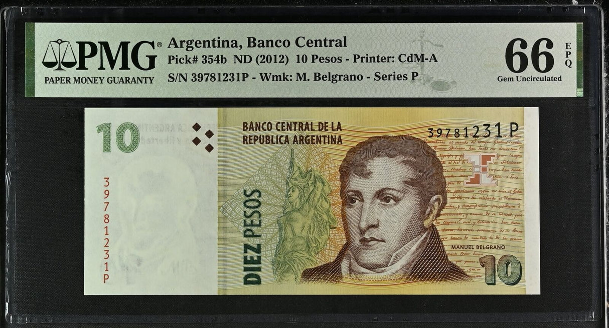Argentina 10 Pesos ND 2012 P 354 b Gem UNC PMG 66 EPQ