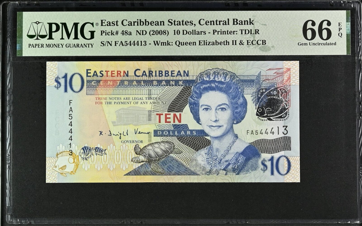 East Caribbean 10 Dollars ND 2008 P 48 a Gem UNC PMG 66 EPQ