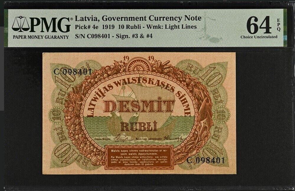 Latvia 10 Rubli 1919 P 4 e Choice UNC PMG 64 EPQ