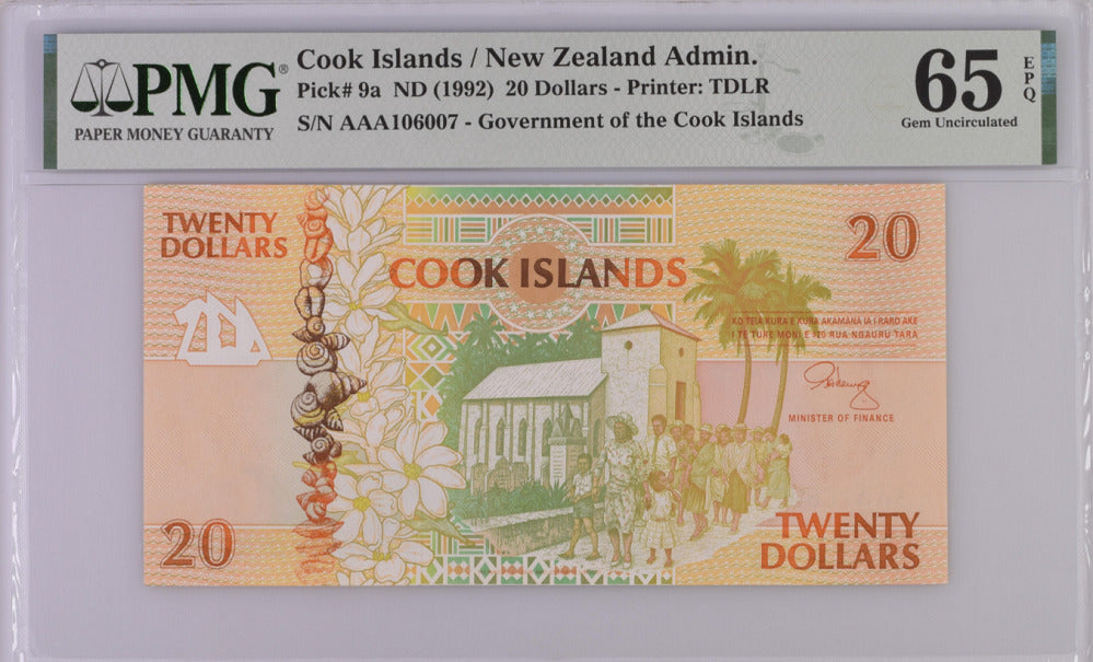 Cook Islands 20 Dollars 1992 P 9 a AAA Prefix Gem UNC PMG 65 EPQ