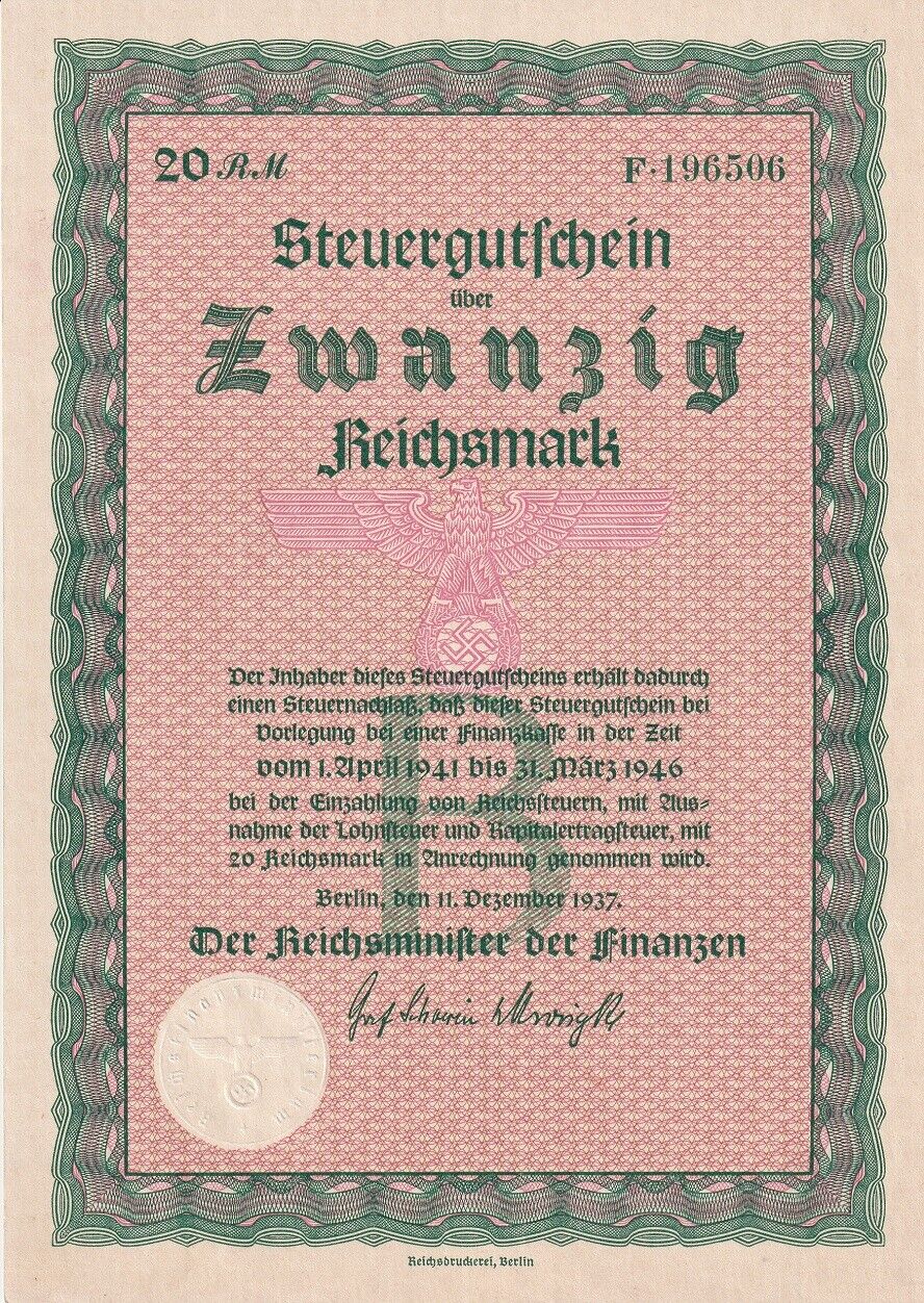 Germany 20 Reichsmark RM 1941-1946 Bond Zwanzig Big Size UNC