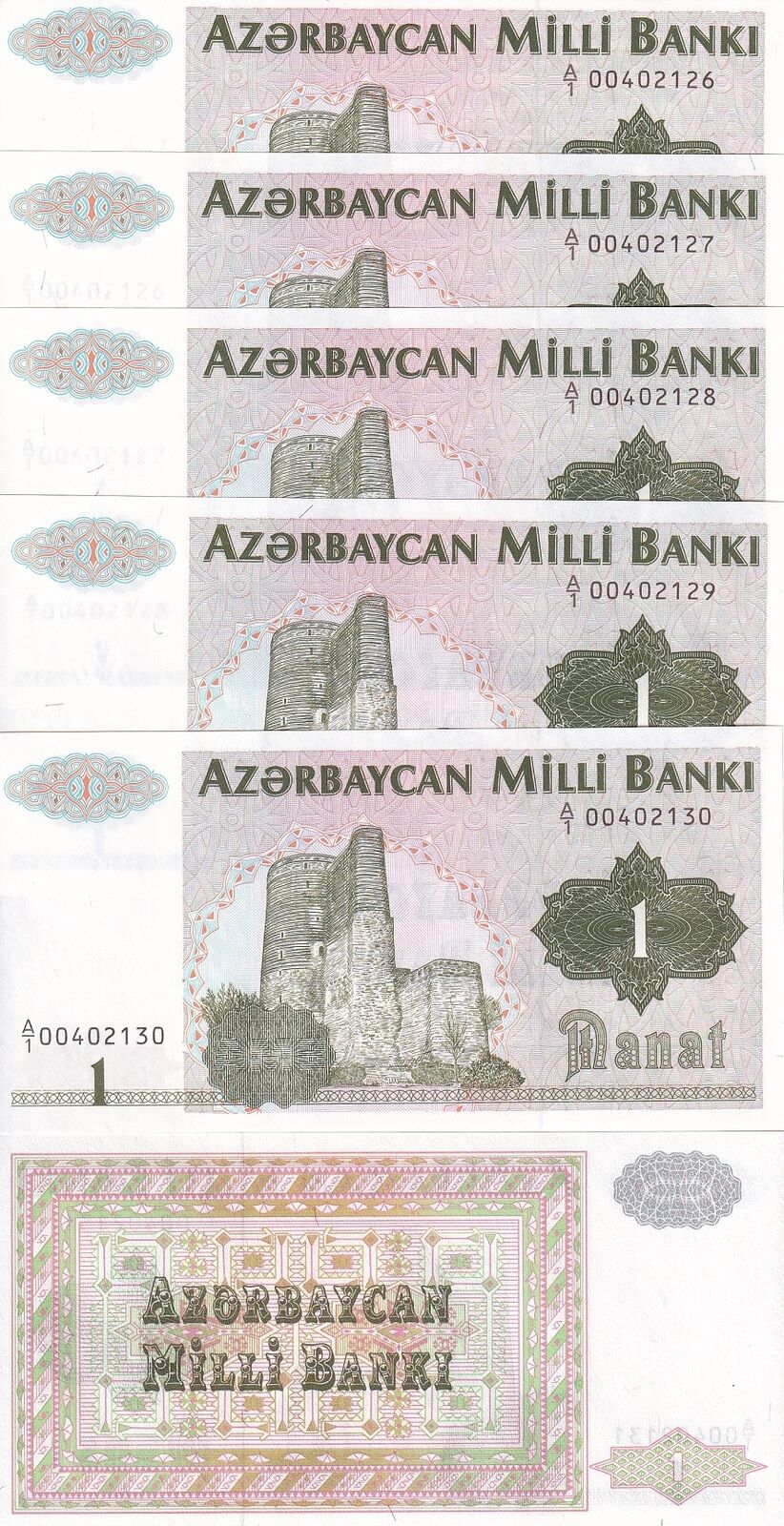 Azerbaijan 1 Manat ND 1992 P 11 UNC LOT 5 PCS