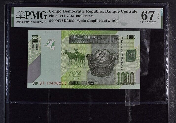 Congo 1000 Francs 2022 P 101 d Superb Gem UNC PMG 67 EPQ
