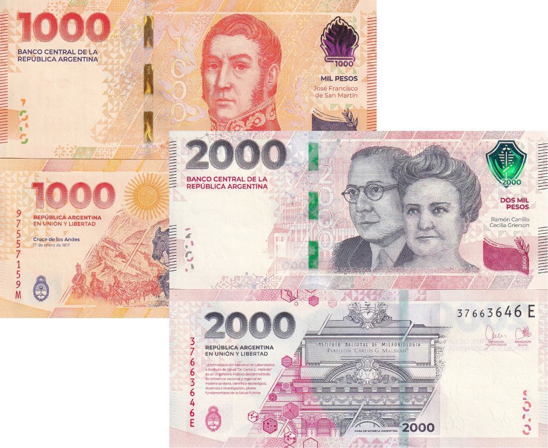 Argentina SET 2 UNC 1000 2000 Pesos 2023 Comm. P 367 368 b NEW Security
