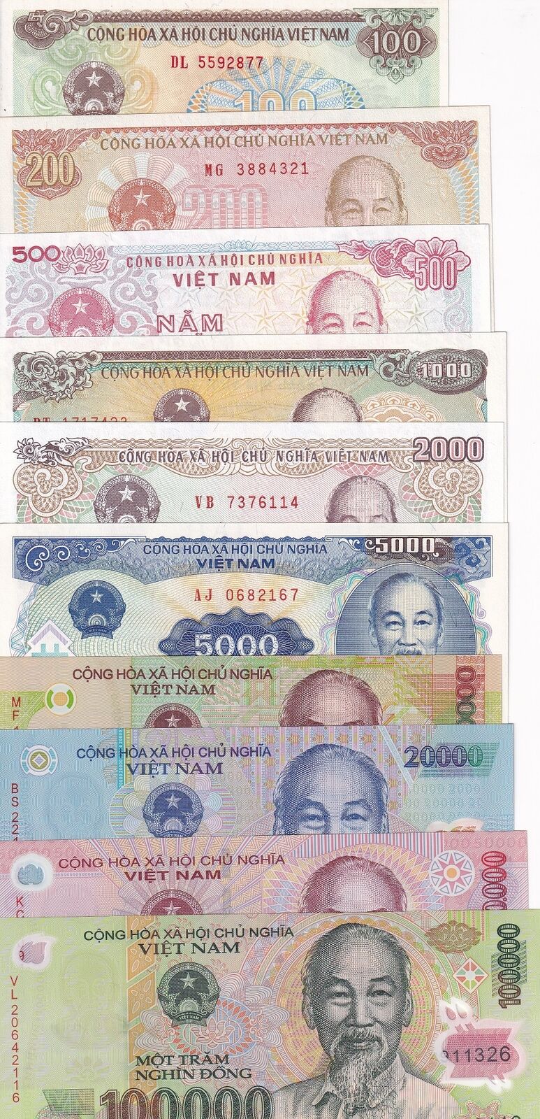 Vietnam Set 10 Pcs 100- 10000 20000 50000 100000 RANDOM DATES P 100-122 UNC