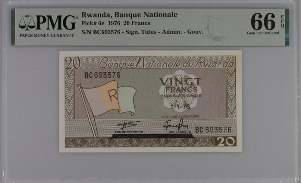 Rwanda 20 Francs 1976 P 6 e Gem UNC PMG 66 EPQ