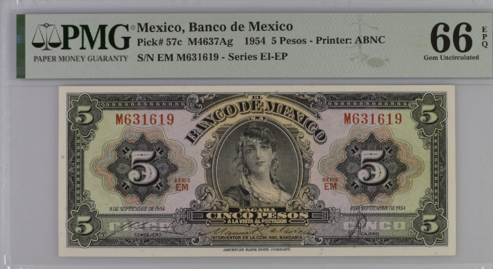Mexico 5 Pesos 1954 P 57 c Gem UNC PMG 66 EPQ