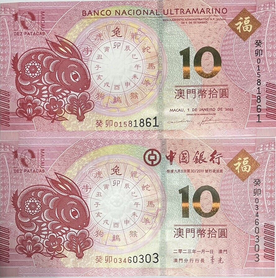 Macau Set 2 UNC 10 Patacas 2023 Rabbit Zodiac BNU BOC