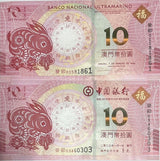 Macau Set 2 UNC 10 Patacas 2023 Rabbit Zodiac BNU BOC