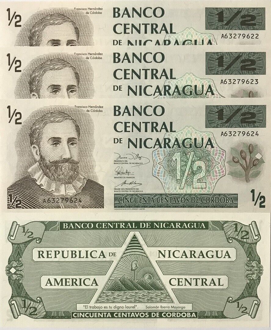 Nicaragua 1/2 Cordobas 1991 P 171 UNC LOT 3 PCS
