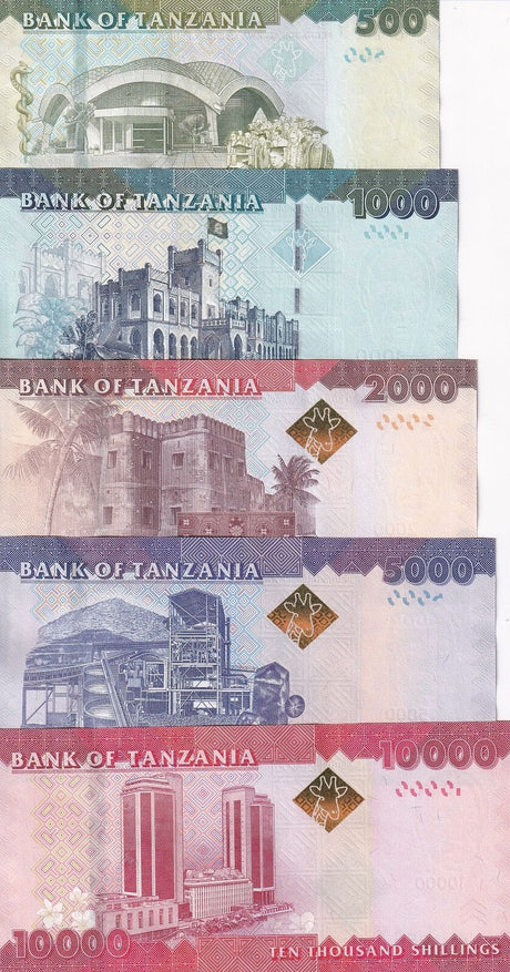 Tanzania Set 5 Pcs 500 1000 2000 5000 10000 Shillings 2010-2020 P 40 41-P 44 UNC