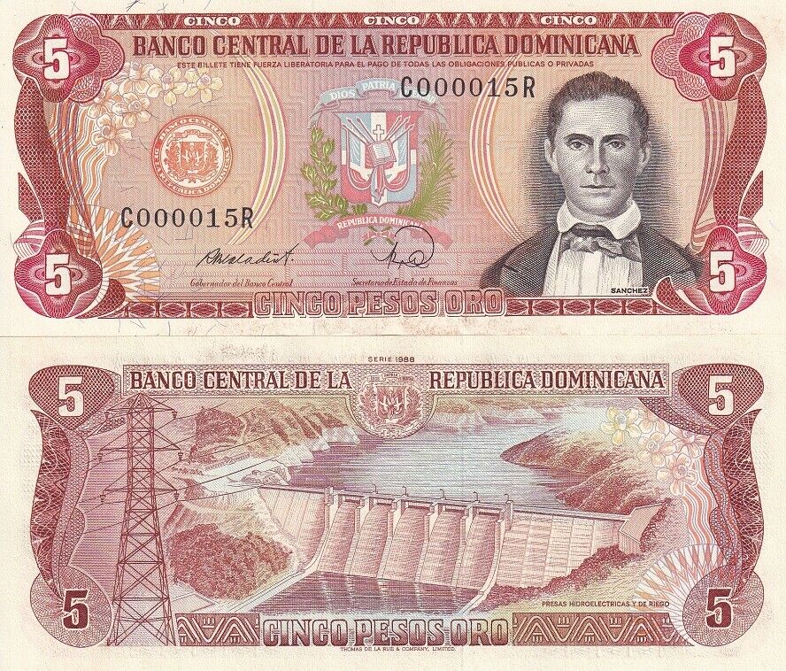 Dominican Republic 5 Pesos 1988 Low serial # 2 Digit P 118 c UNC