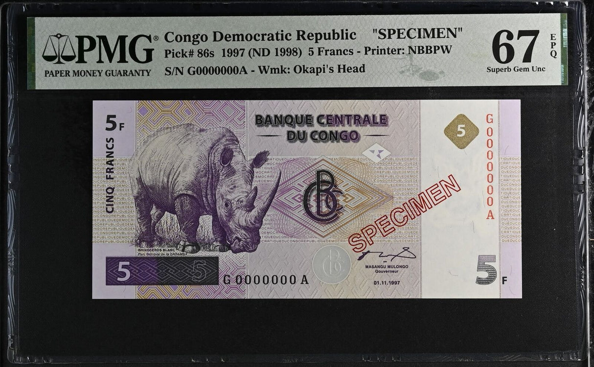 Congo 5 Francs 1997 ND 1998 P 86 s SPECIMEN Superb Gem UNC PMG 67 EPQ