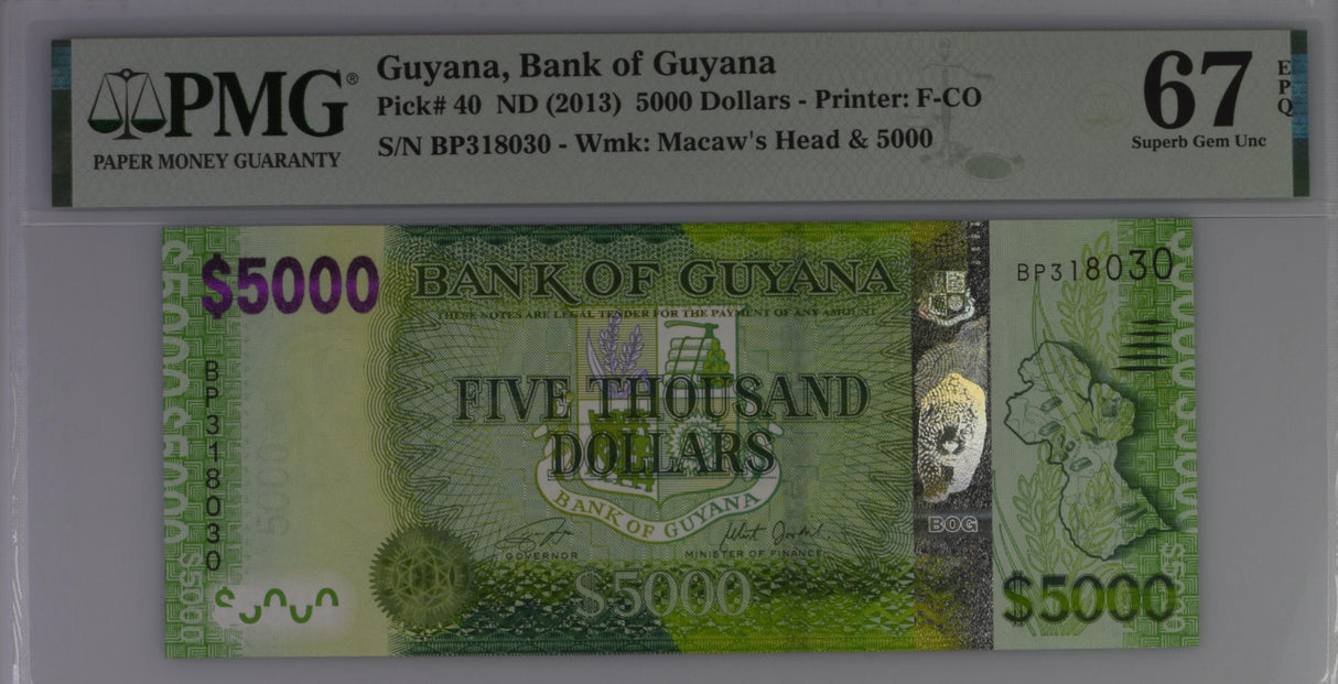 Guyana 5000 Dollars ND 2013 P 40 Superb Gem UNC PMG 67 EPQ