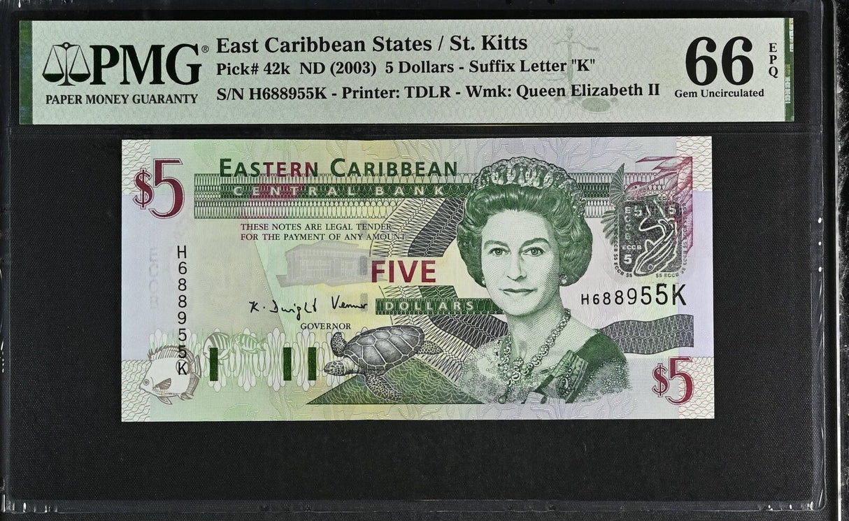East Caribbean 5 Dollars ND 2003 P 42 k Gem UNC PMG 66 EPQ