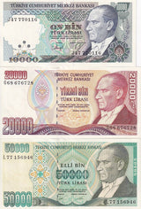 Turkey Set 3 PCS 10000 20000 50000 Lira L.1970 P 200 P 202 P 204 UNC