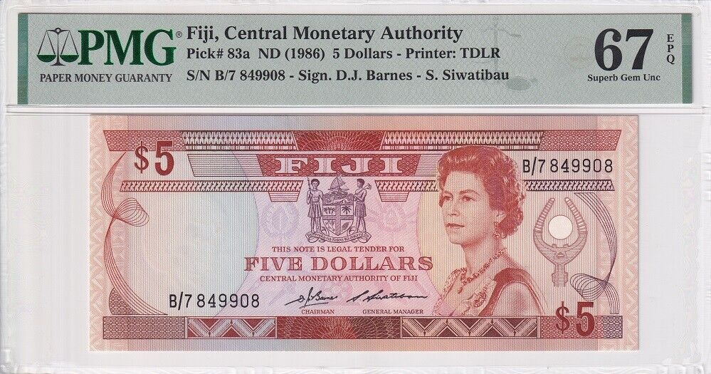 Fiji 5 Dollars ND 1986 P 83 a Superb Gem UNC PMG 67 EPQ