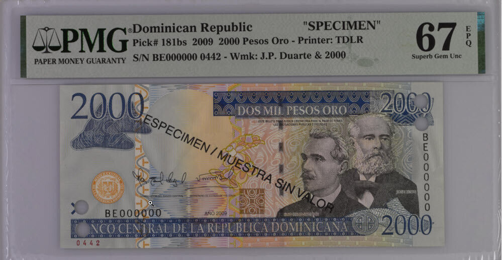 Dominican Republic 2000 Pesos 2009 P 181bs SPECIMEN Superb Gem UNC PMG 67 EPQ
