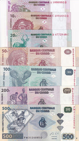 Congo Set 7 Pcs 1 10 20 Centime 50 100-500 Francs 1997-2020 P 80 81 83 97-99 UNC